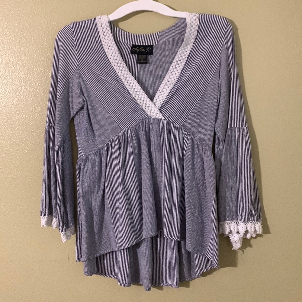 Lola P. Pin Striped With Lace Blouse Size S